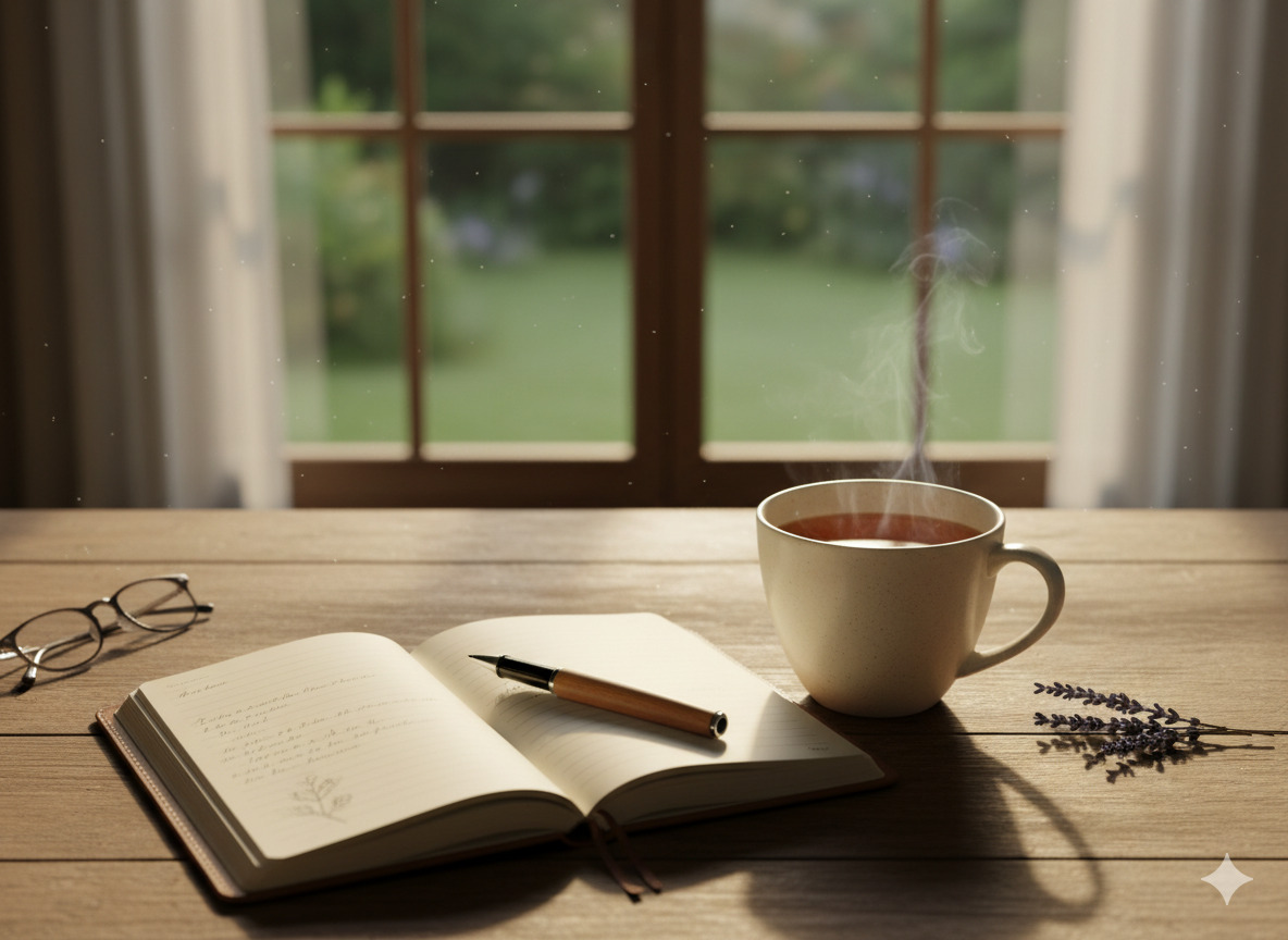 A calm morning scene with a notebook and cup of tea on a wooden table, representing everyday lifestyle reflection