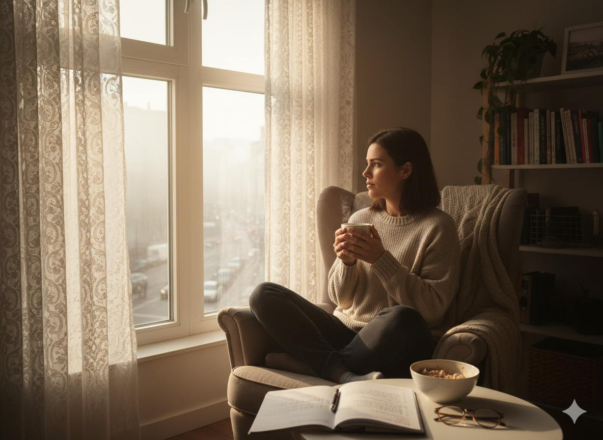 Person sitting by a window in the morning light, reflecting on their daily routine