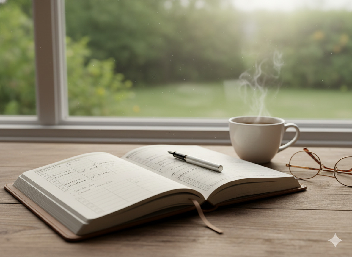 An open journal beside a window with natural light, illustrating everyday habit tracking and lifestyle reflection